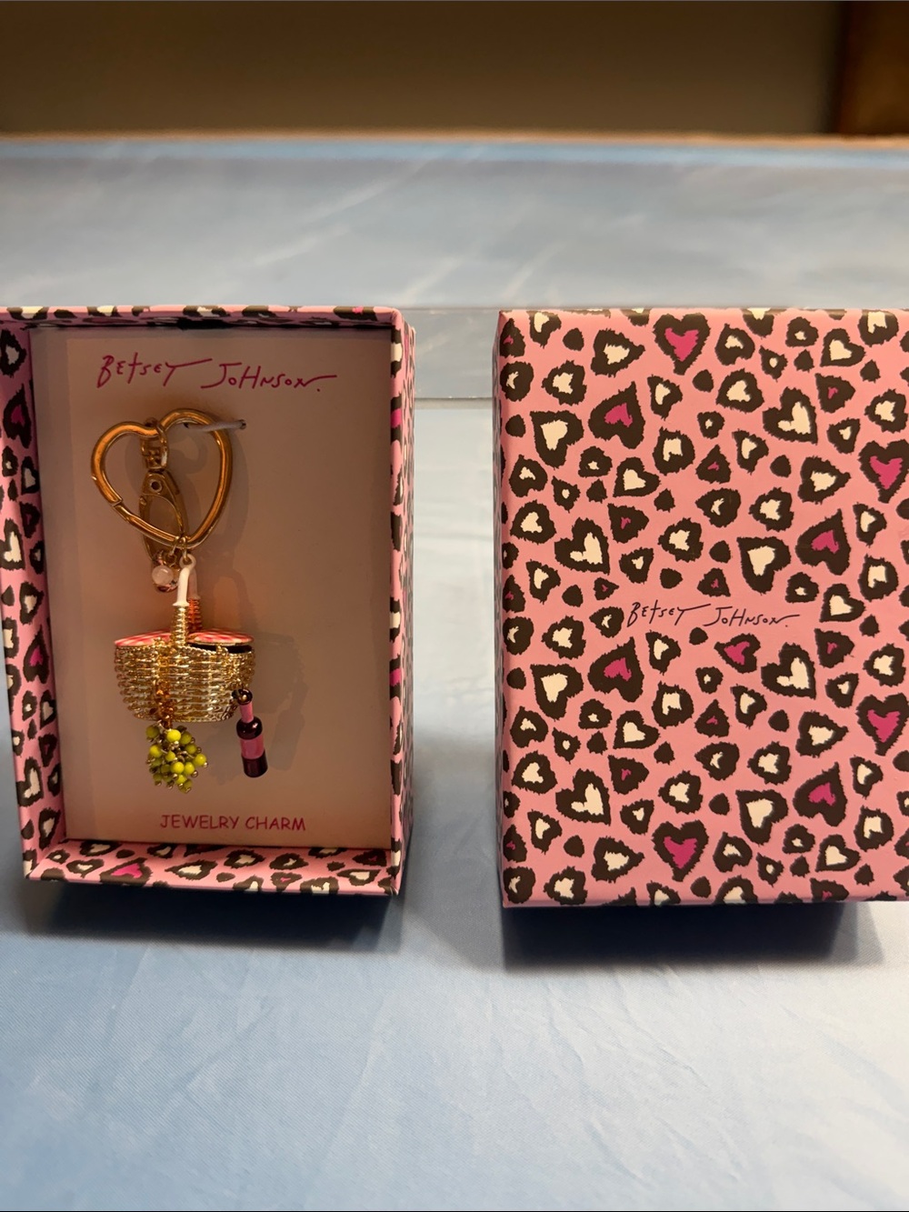 Betsey Johnson Gold Basket Keychain with Pink Bottle & Green Grapes - Picture 3 of 4